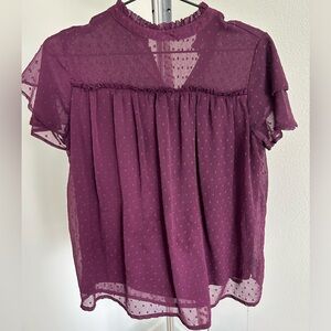 Purple Chiffon High Neck Ruffle Short Sleeve Swiss Dots Loose Fit Blouse Top